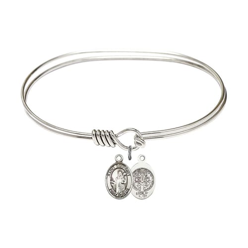 Adult 7&quot; Oval Rhodium Plated Bangle Bracelet with St. Benedict Medal Charm