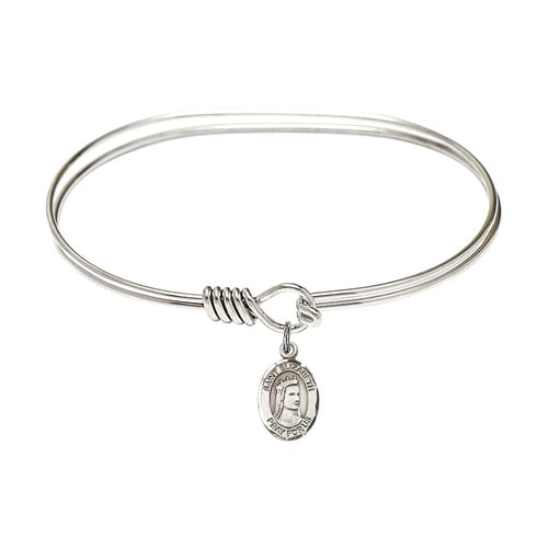 Adult 7&quot; Oval Rhodium Plated Bangle Bracelet with St. Elizabeth of Hungary Medal Charm