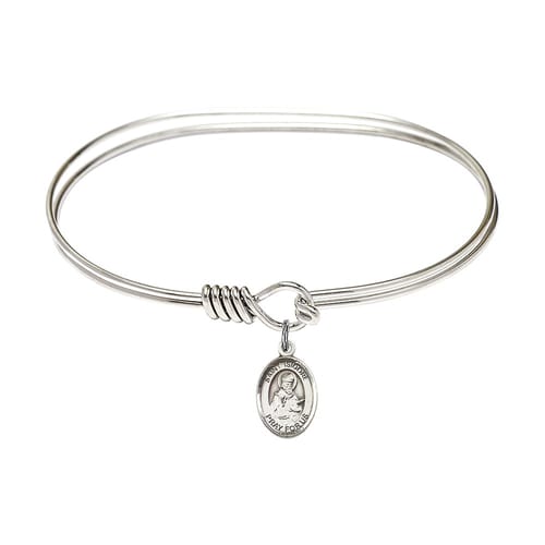 Adult 7&quot; Oval Rhodium Plated Bangle Bracelet with St. Isidore of Seville Medal Charm