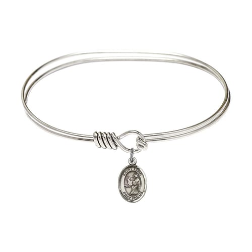 Adult 7&quot; Oval Rhodium Plated Bangle Bracelet with St. Luke the Apostle Medal Charm