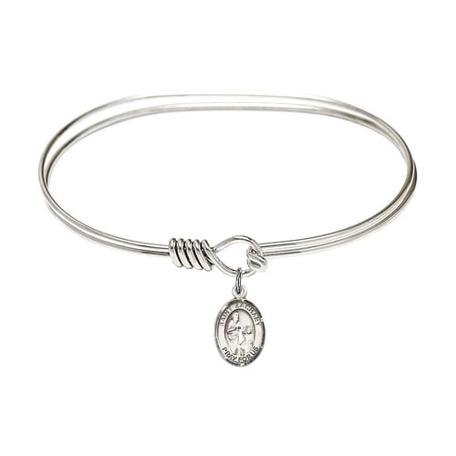 Adult 7&quot; Oval Rhodium Plated Bangle Bracelet with St. Zachary Medal Charm