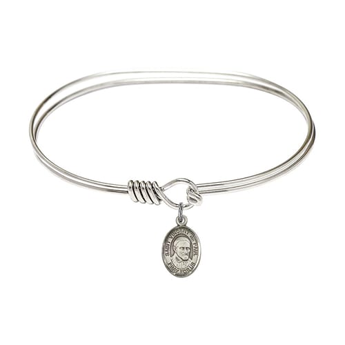 Adult 7&quot; Oval Rhodium Plated Bangle Bracelet with St. Vincent de Paul Medal Charm