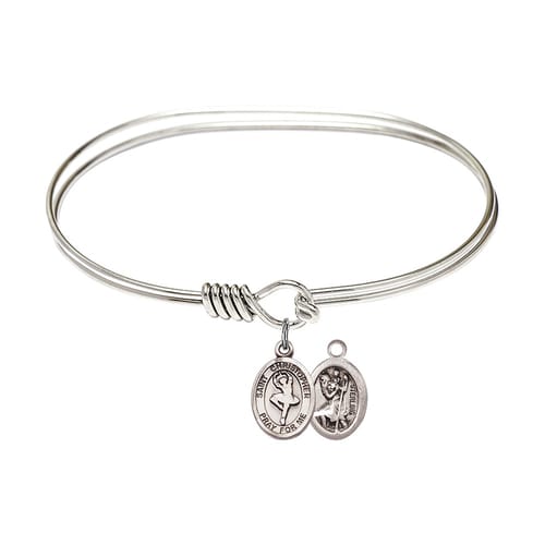 Adult 7&quot; Oval Rhodium Plated Bangle Bracelet with St. Christopher/Dance Medal Charm