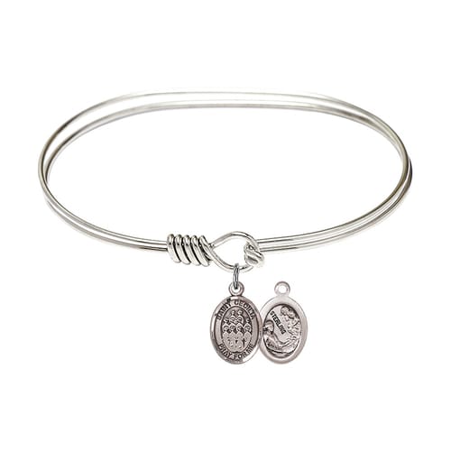 Adult 7&quot; Oval Rhodium Plated Bangle Bracelet with St. Cecilia / Choir Medal Charm
