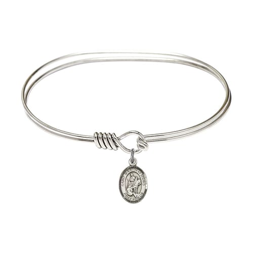 Adult 7&quot; Oval Rhodium Plated Bangle Bracelet with St. Martin of Tours Medal Charm