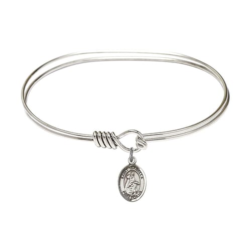 Adult 7&quot; Oval Rhodium Plated Bangle Bracelet with St. Isabella of Portugal Medal Charm