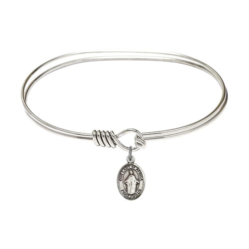 Adult 7&quot; Oval Rhodium Plated Bangle with Our Lady of Africa Medal