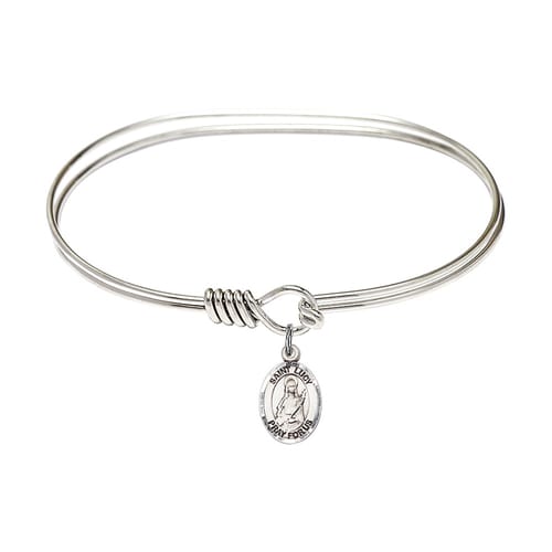 Adult 7&quot; Oval Rhodium Plated Bangle Bracelet with St. Lucy Medal Charm