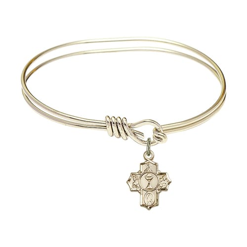 Youth Girl 5 3/4&quot; Gold Plated Bangle Bracelet with First Communion 5-Way Medal Charm