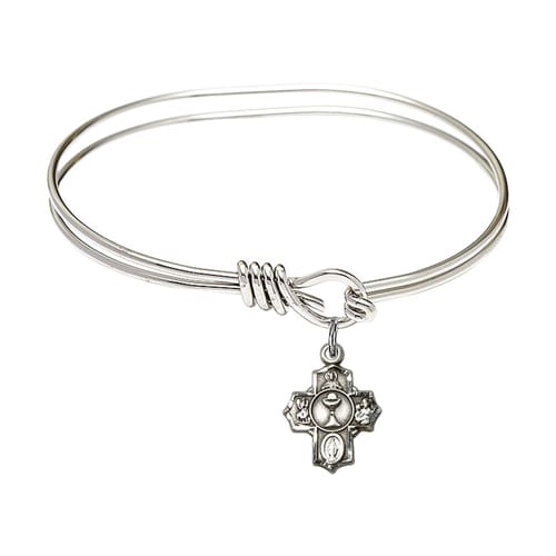 Youth Girl 5 3/4&quot; Rhodium Plated Bangle Bracelet with First Communion 5-Way Medal Charm