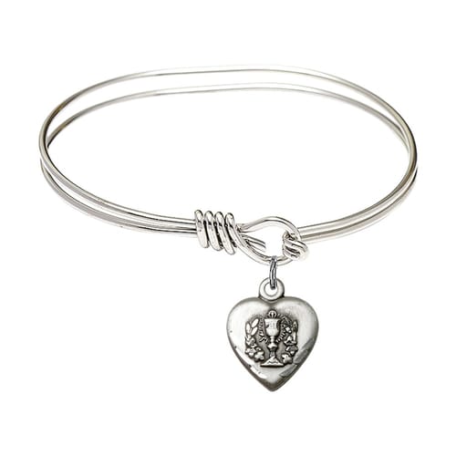 Youth Girl 5 3/4&quot; Rhodium Plated Bangle Bracelet with Heart / First Communion Charm