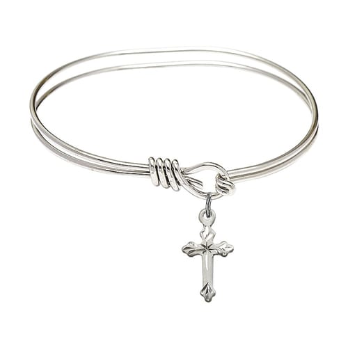 Youth 5 3/4&quot; Rhodium Plated Bangle Bracelet with Cross Charm
