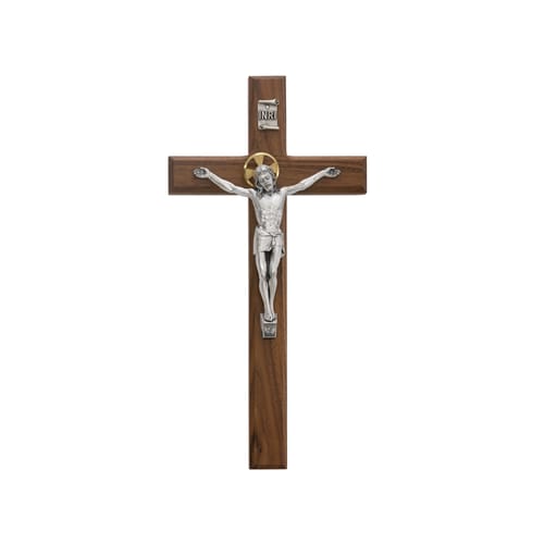 Walnut Crucifix with Pewter Corpus - 13&quot;