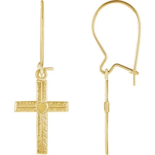 14kt Yellow Gold Heart Design Cross Earrings 13 X 10