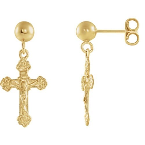 14kt Yellow Gold Crucifix Ball Dangle Earring 13 X 9