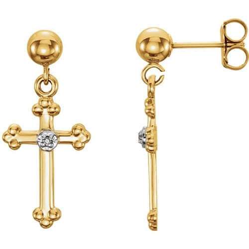 14kt Yellow Gold Diamond Cross Ball Dangle Earring 14 X 9