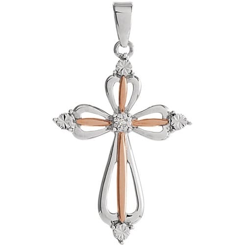 Sterling Silver 32x17mm Diamond Cross Pendant with Rose Gold Plating