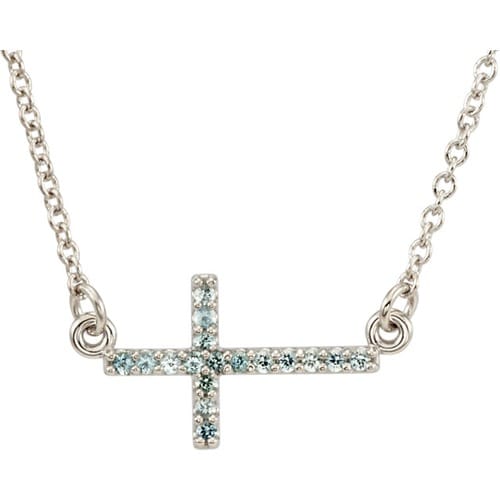 14kt White Gold Aquamarine Sideways Cross 16-18