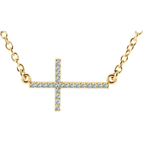 14kt Yellow Gold Aquamarine Sideways Cross 16-18