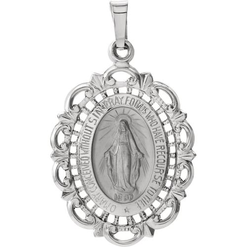 14kt White Gold 25x18mm Oval Filigree Miraculous Medal