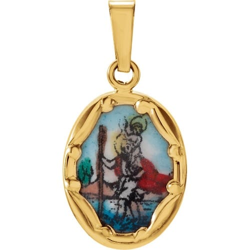 14kt Yellow Gold 13x10mm St. Christopher Hand-Painted Porcelain Medal