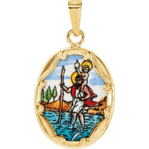 14kt Yellow Gold 17x13.5mm St. Christopher Hand-Painted Porcelain Medal