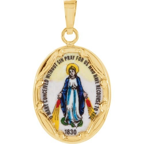 14kt Yellow Gold 17x13.5mm Miraculous Hand-Painted Porcelain Medal