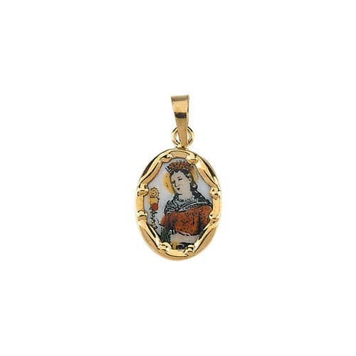 14kt Yellow Gold 13x10mm St. Barbara Hand-Painted Porcelain Medal