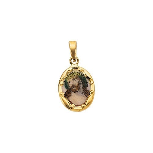 14kt Yellow Gold 13x10mm Face of Jesus Hand-Painted Porcelain Medal