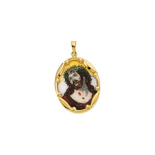 14kt Yellow Gold 25x19.5mm Face of Jesus Hand-Painted Porcelain Medal