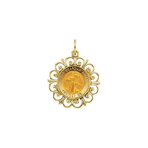 14kt Yellow Gold 18.5mm Round Guardian Angel Pendant Medal