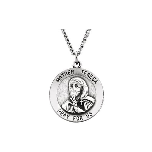 Sterling Silver 18mm Mother Teresa Round Pendant Medal 18&quot; Necklace