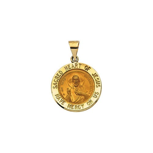 14kt Yellow Gold 18.5mm Hollow Round Sacred Heart of Jesus Medal