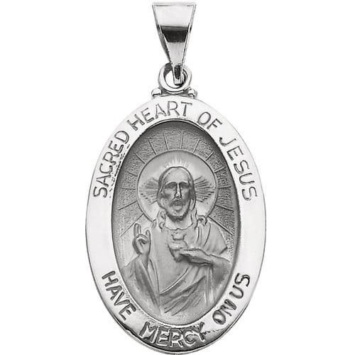 14kt White Gold 23.25x16mm Hollow Oval Sacred Heart of Jesus Medal