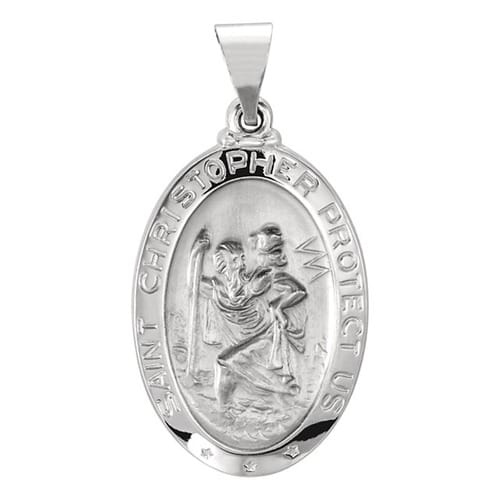 14kt White Gold 23.5x16mm Oval St. Christopher Hollow Medal