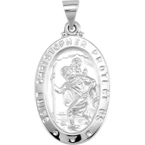 14kt White Gold 25.5x17.75mm Oval St. Christopher Hollow Medal