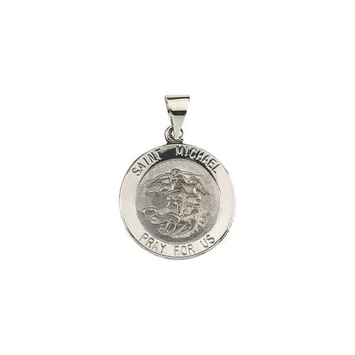 14kt White Gold 18.25mm Round Hollow St. Michael Medal