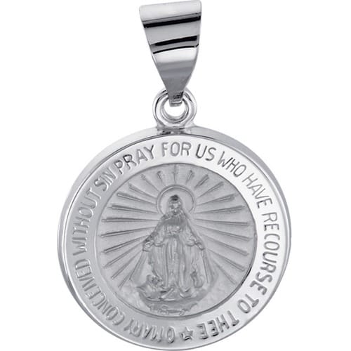 14kt White Gold 15mm Hollow Round Miraculous Medal