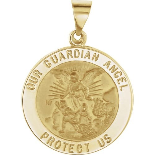 14kt Yellow Gold 21.75mm Round Hollow Guardian Angel Medal