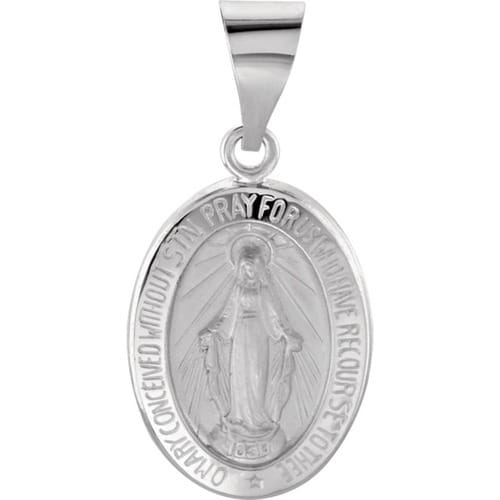 14kt White Gold 15x11.5mm Oval Hollow Miraculous Medal