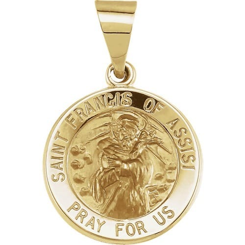 14kt Yellow Gold 15mm Round Hollow St. Francis of Assisi Medal