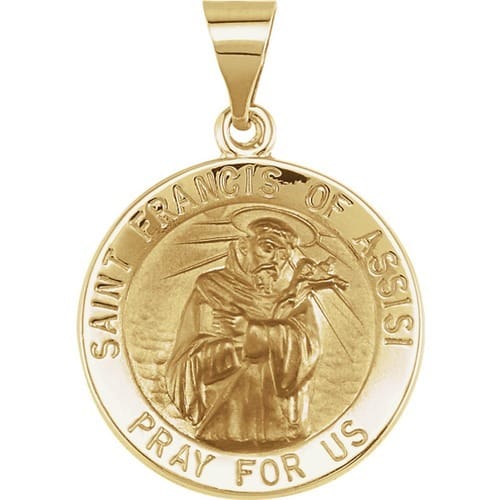 14kt Yellow Gold 18.25mm Round Hollow St. Francis of Assisi Medal