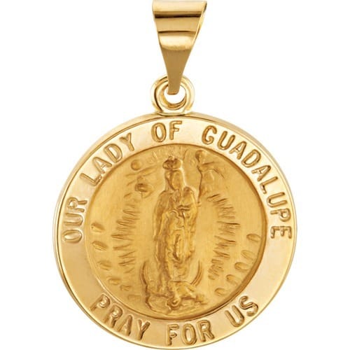 14kt Yellow Gold 18.25mm Round Hollow Our Lady of Guadalupe Medal