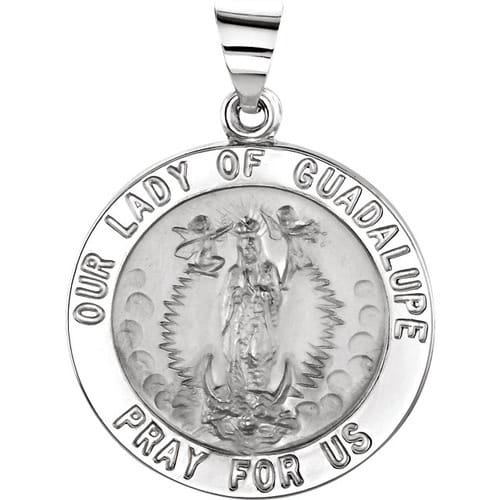 14kt White Gold 22mm Round Hollow Our Lady of Guadalupe Medal