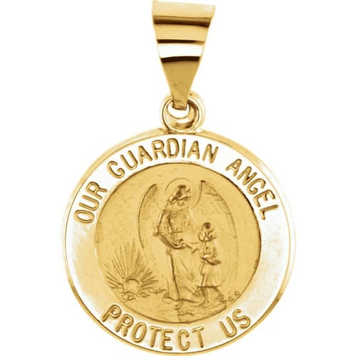 14kt Yellow Gold 15mm Round Hollow Guardian Angel Medal