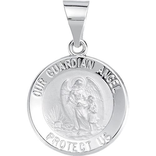 14kt White Gold 15mm Round Hollow Guardian Angel Medal