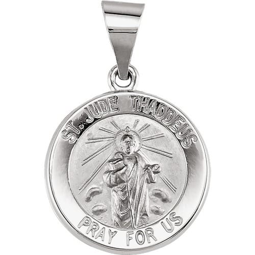 14kt White Gold 14.75mm Round Hollow St. Jude Medal