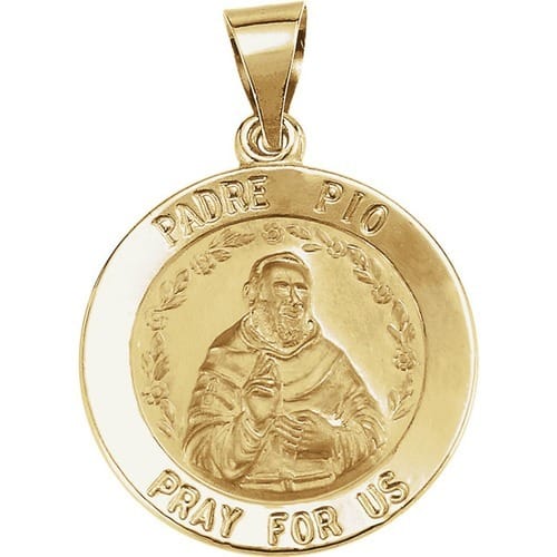 14kt Yellow Gold 18.75mm Round Hollow Padre Pio Medal