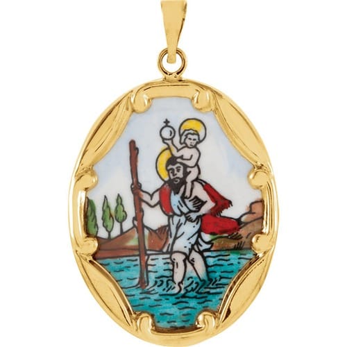 14kt Yellow 25x19.5mm St. Christopher Hand-Painted Porcelain Medal