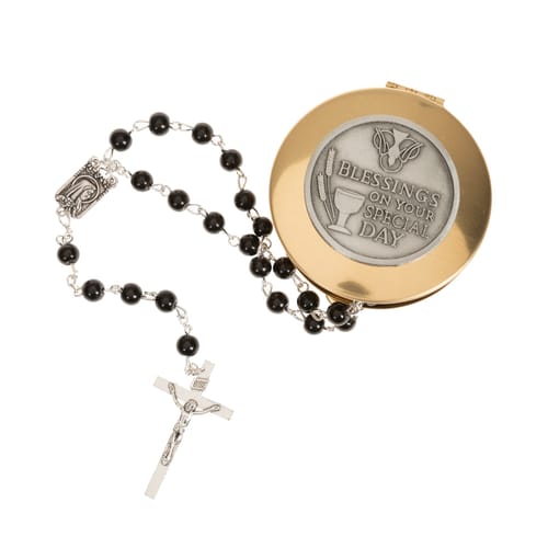 First Communion Black Rosary with Blessings Keepsake Box